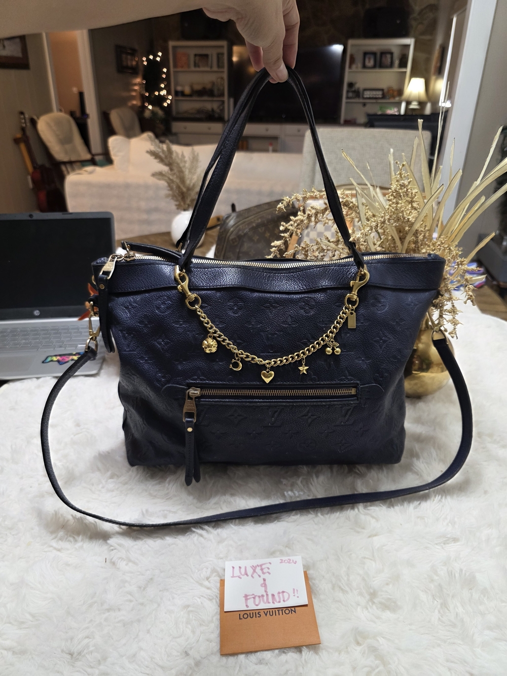 Bastille Louis Vuitton Navy Leather Tote with Gold Charm Chain
